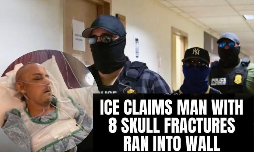 May be an image of text that says 'B POLIC IOP ICE CLAIMS MAN WITH 8 SKULL FRACTURES RAN INTO WALL'