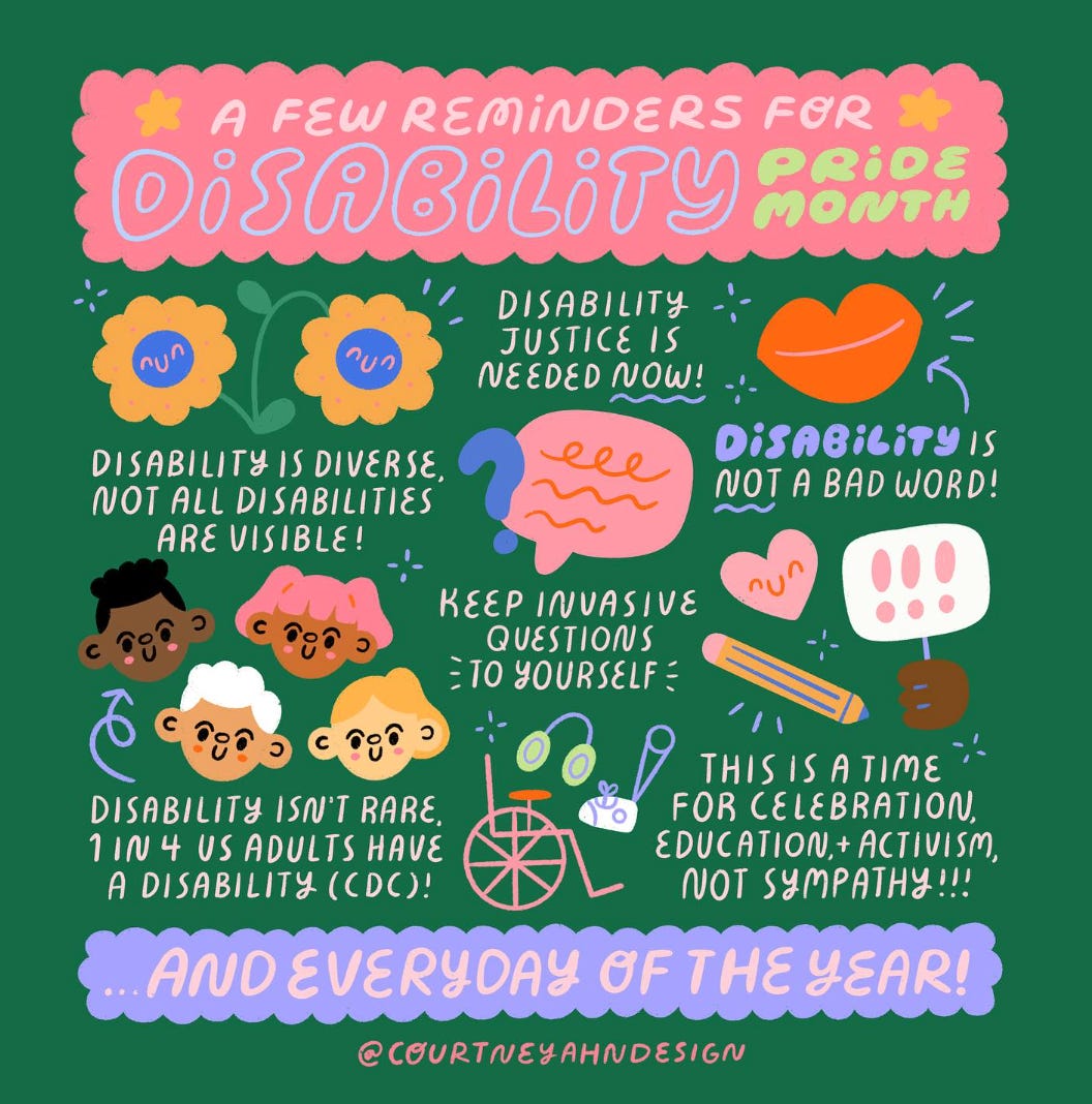 Graphic that says "A few reminders for disability pride month: disability is diverse…not all disabilities are visible (or any of your business)!⠀⠀⠀⠀⠀⠀⠀
⠀⠀⠀⠀⠀⠀⠀
disability is common, 1 in 4 adults in the US have a disability that significantly affects their life (source: CDC)! So there’s no excuse to not have accessible spaces and content!
⠀⠀⠀⠀⠀⠀⠀⠀⠀⠀⠀⠀⠀⠀
disability justice is needed now - disabled folks still can’t get married without losing their benefits!
⠀⠀⠀⠀⠀⠀⠀⠀⠀⠀⠀⠀⠀⠀
keep invasive questions to yourself - you are not entitled to anybody’s personal medical history without consent!
⠀⠀⠀⠀⠀⠀⠀⠀⠀⠀⠀⠀⠀⠀
disabled is not a bad word - but handicapped, differently-abled, special, and gifted can be considered offensive (always ask before assuming)!
⠀⠀⠀⠀⠀⠀⠀⠀⠀⠀⠀⠀⠀⠀
This is a time for celebration, education, activism, and action - not a time for pity, sympathy, or “inspiration!” The world wasn’t built for people with disabilities in mind but disabled folks have fought for decades to get accommodations for work, school, and medical care...but the fight for equality is not over! " There are drawings of flowers, pencils, a wheelchair and diverse people