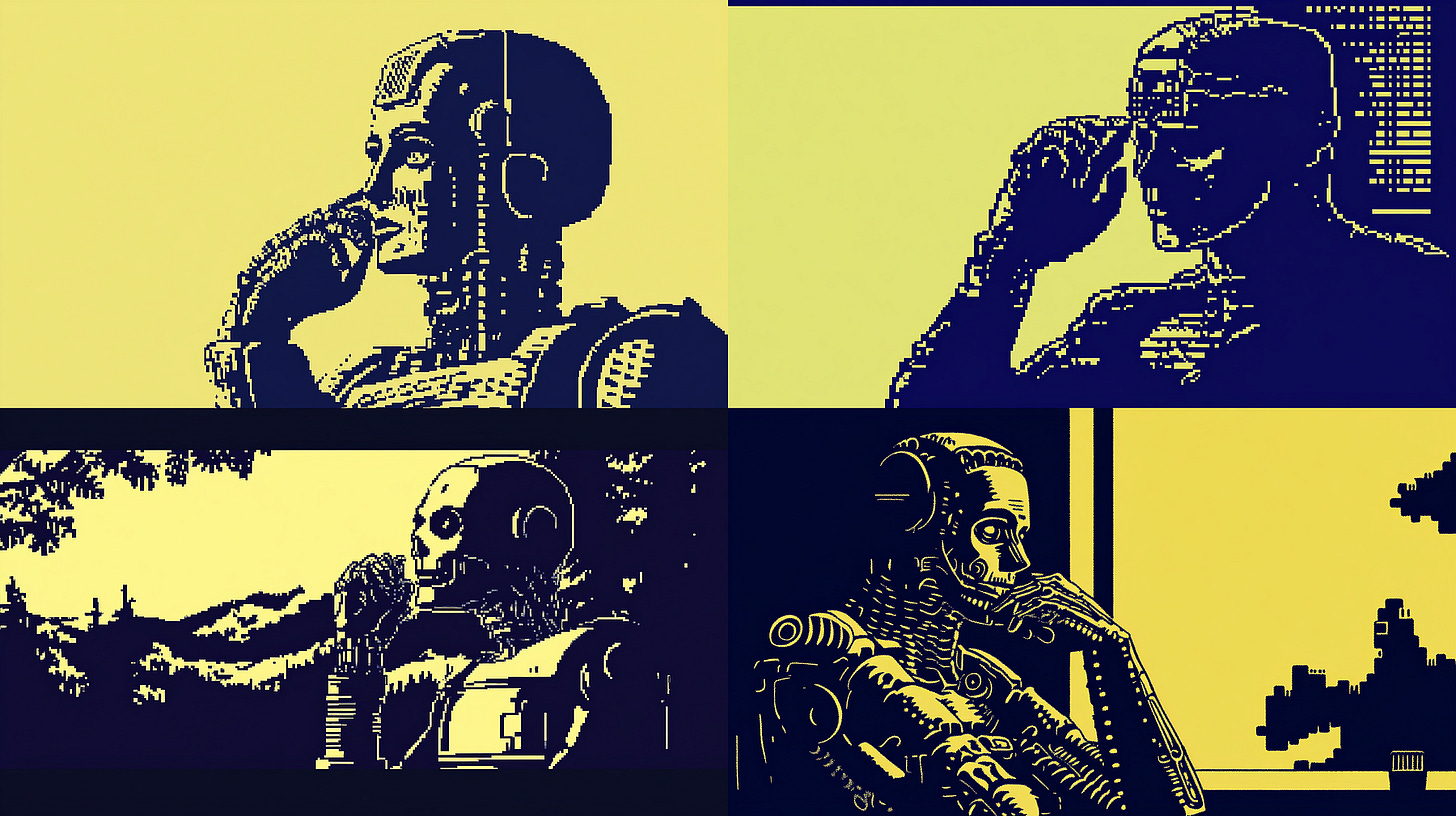 Grid 2 (modified). /imagine prompt: an illustration of a cyborg thinking to destroy humanity — sref https://s.mj.run/yFfpStj-QaI — sw 100 — ar 16:9 — v 6.1 Grid 2 (modified). /imagine prompt: an illustration of a cyborg thinking to destroy humanity — sref https://s.mj.run/yFfpStj-QaI — sw 100 — ar 16:9 — v 6.1