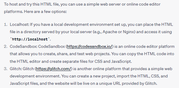 ChatGPT recommendations for HTML hosting and testing