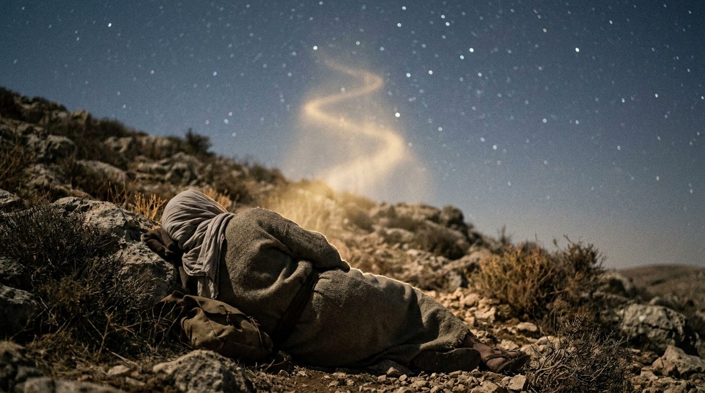 A young traveller asleep on rocky open ground under a vast night sky, his head resting on a stone, a faint stairway of light rising from the hillside into the stars, no text, no faces A young traveller asleep on rocky open ground under a vast night sky, his head resting on a stone, a faint stairway of light rising from the hillside into the stars, no text, no faces