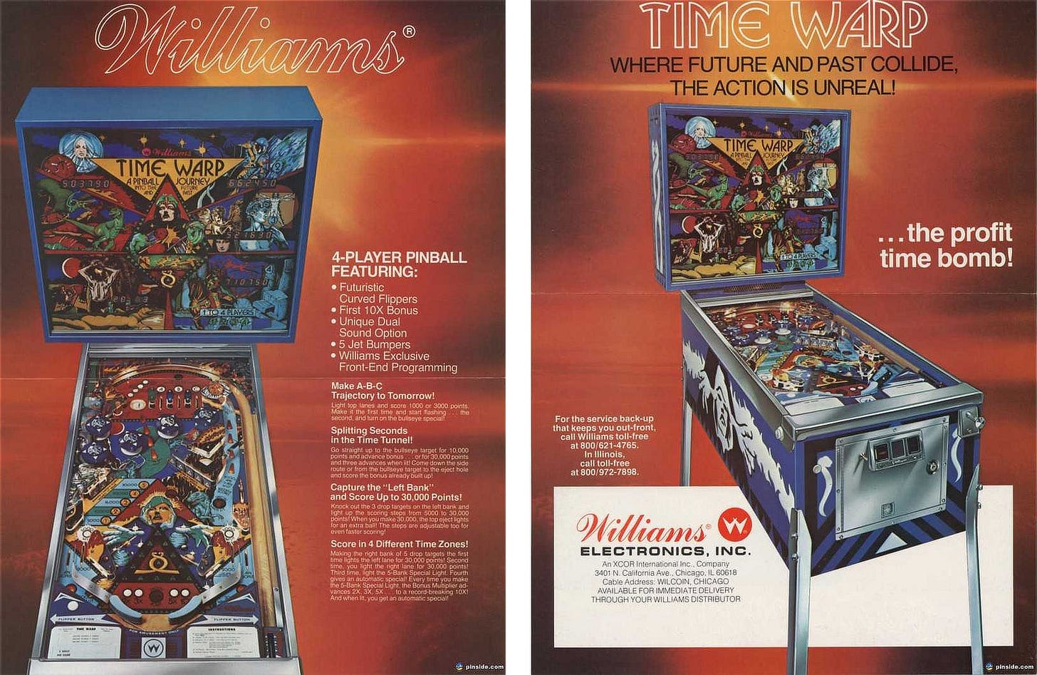 Side-by-side trade advertisements explaining the features of TIME WARP by Williams’ Electronics as a 4-player pinball
