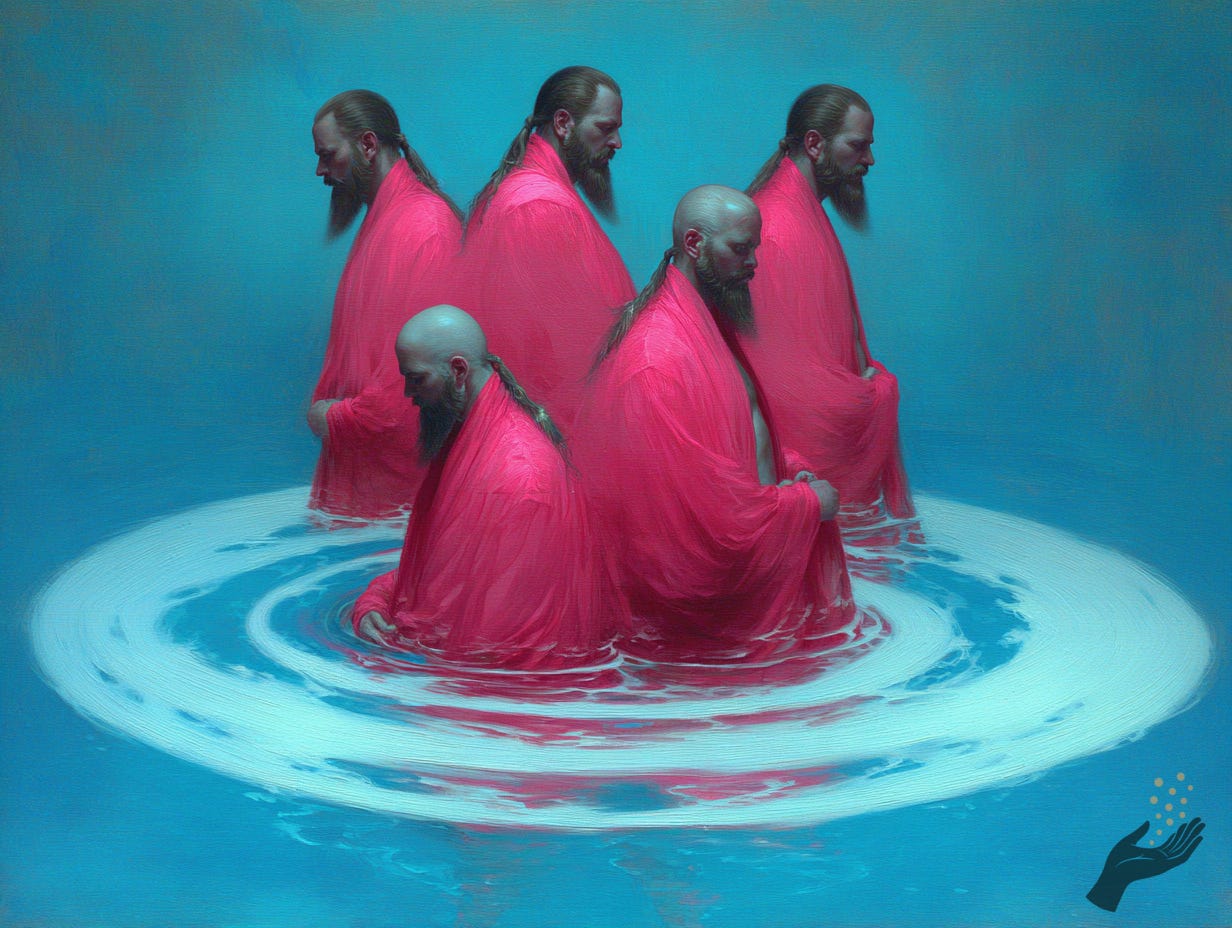 Five figures in bright pink robes stand closely together in shallow blue water, arranged in a small circle with lowered heads inside a pale ring of water.