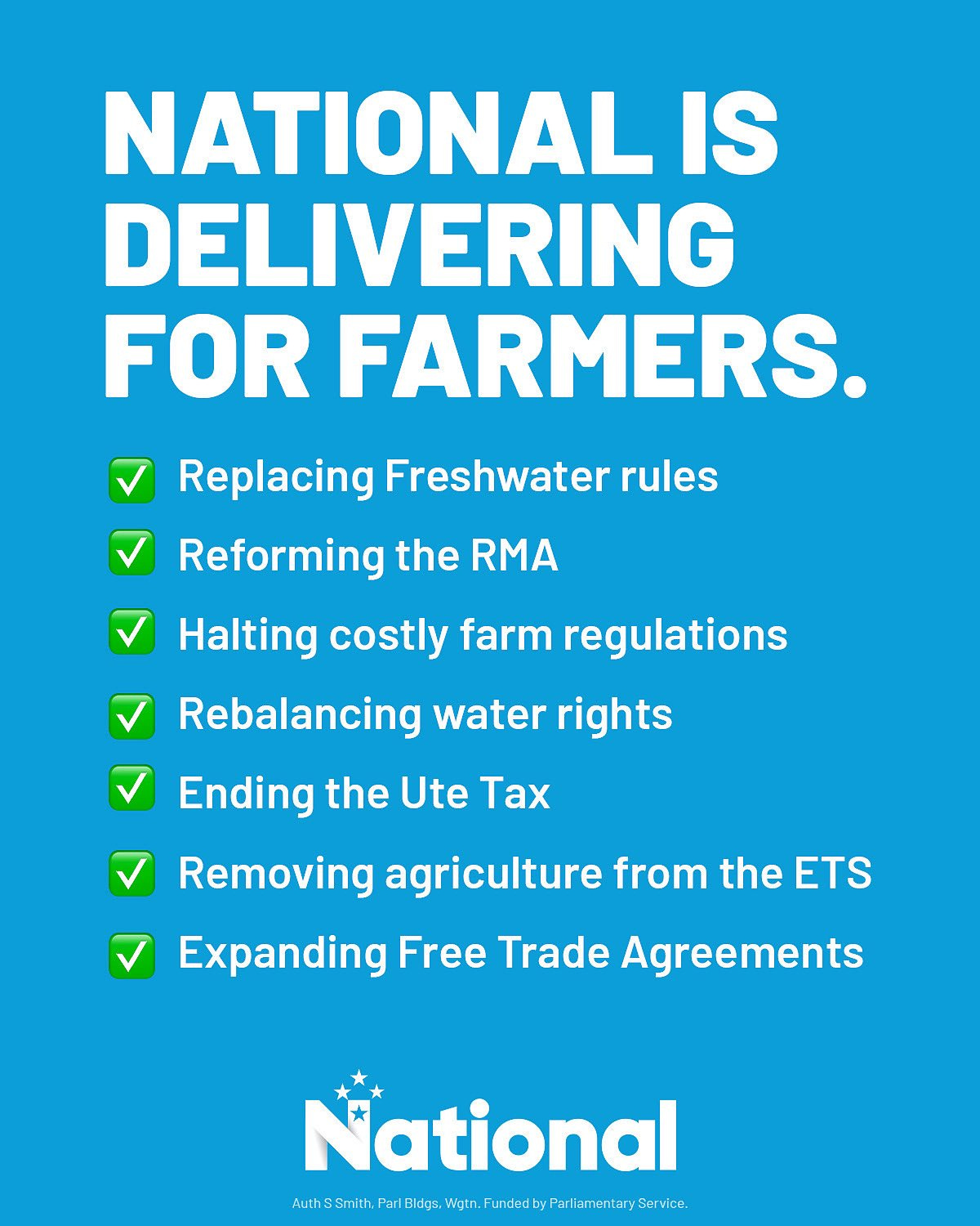 A list of changes National is putting in place to benefit farmers.