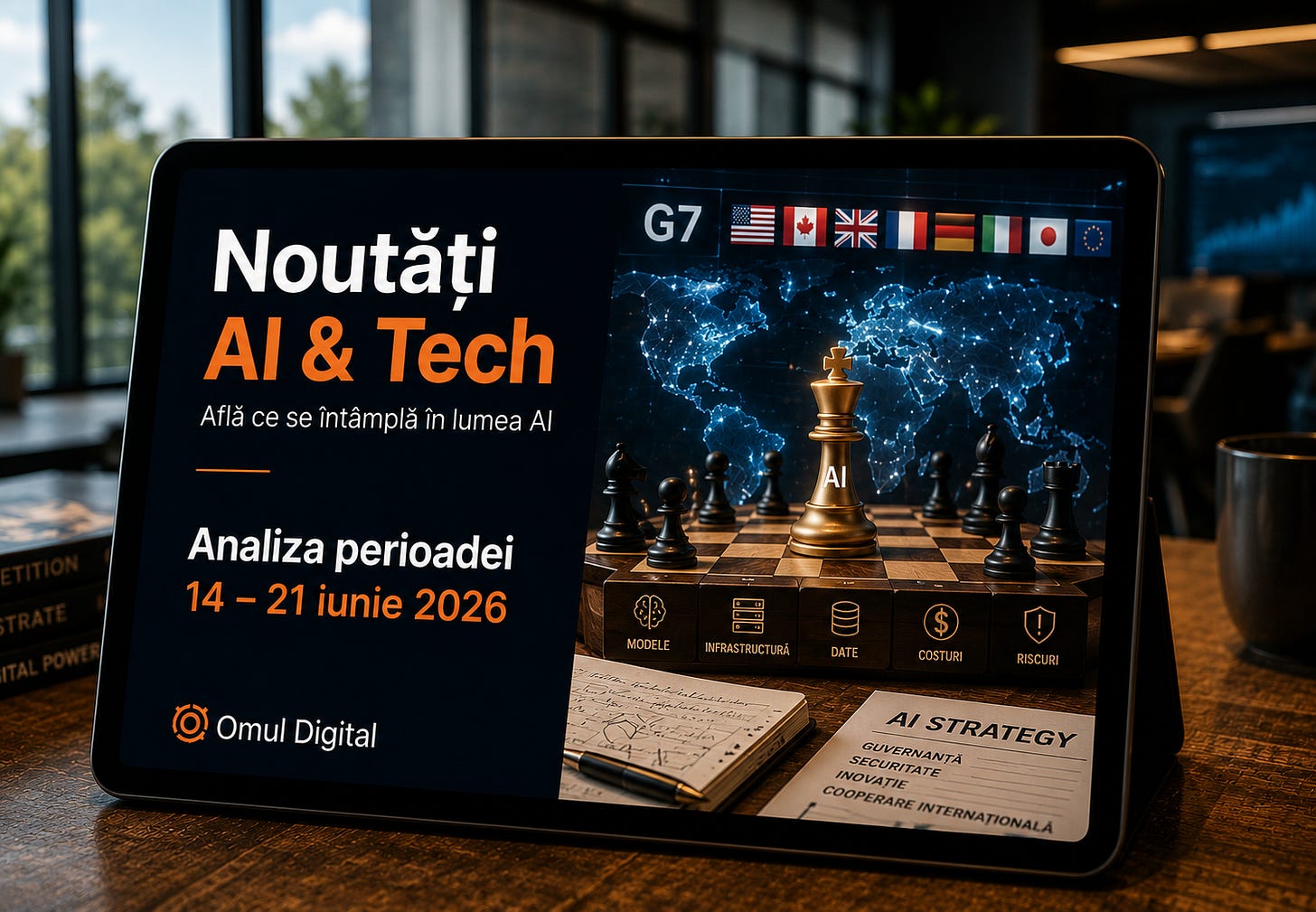 Tabletă cu un cover Omul Digital pentru Noutăți AI & Tech, ilustrând AI-ul ca infrastructură strategică printr-o hartă globală, simboluri de control, date, costuri, riscuri și piese de șah care sugerează competiția dintre state, companii și platforme tehnologice.