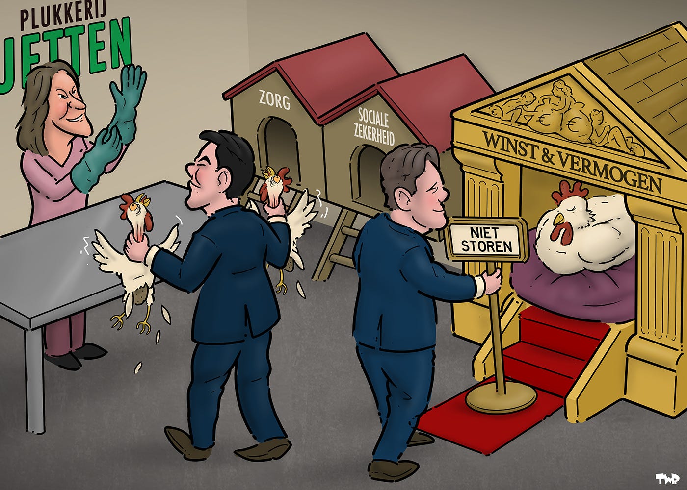 Cartoon waarop Rob Jetten te zien is, terwijl hij twee halfgeplukte, angstige kippen bij de nek vastheeft en richting Dilan Yeşilgöz loopt, die achter een stalen tafel staat en bezig is handschoenen aan te trekken. Naast de tafel zijn twee lege kippenhokken, gelabeld 'zorg' en 'sociale zekerheid'. In een derde kippenhok is een dikke kip tevreden aan het slapen. Dit kippenhok is veel groter, van goud en met pilaren en ornamenten; hierop staat het label 'winst & vermogen'. Bontenbal is plaatst een bordje met de tekst 'Niet storen' bij dit kippenhok.
