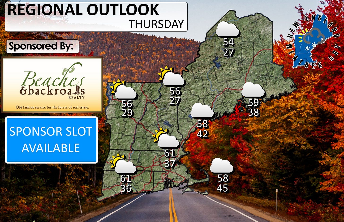 May be an image of map, road and text that says 'REGIONAL OUTLOOK THURSDAY Sponsored By: 54 27 Beaches &backroas S REALTY Old fashion service the the future of real estate. 56 27 56 29 SPONSOR SLOT AVAILABLE 59 38 พนธูด 58 42 61 37 61 36 58 45 カブサスタペン'