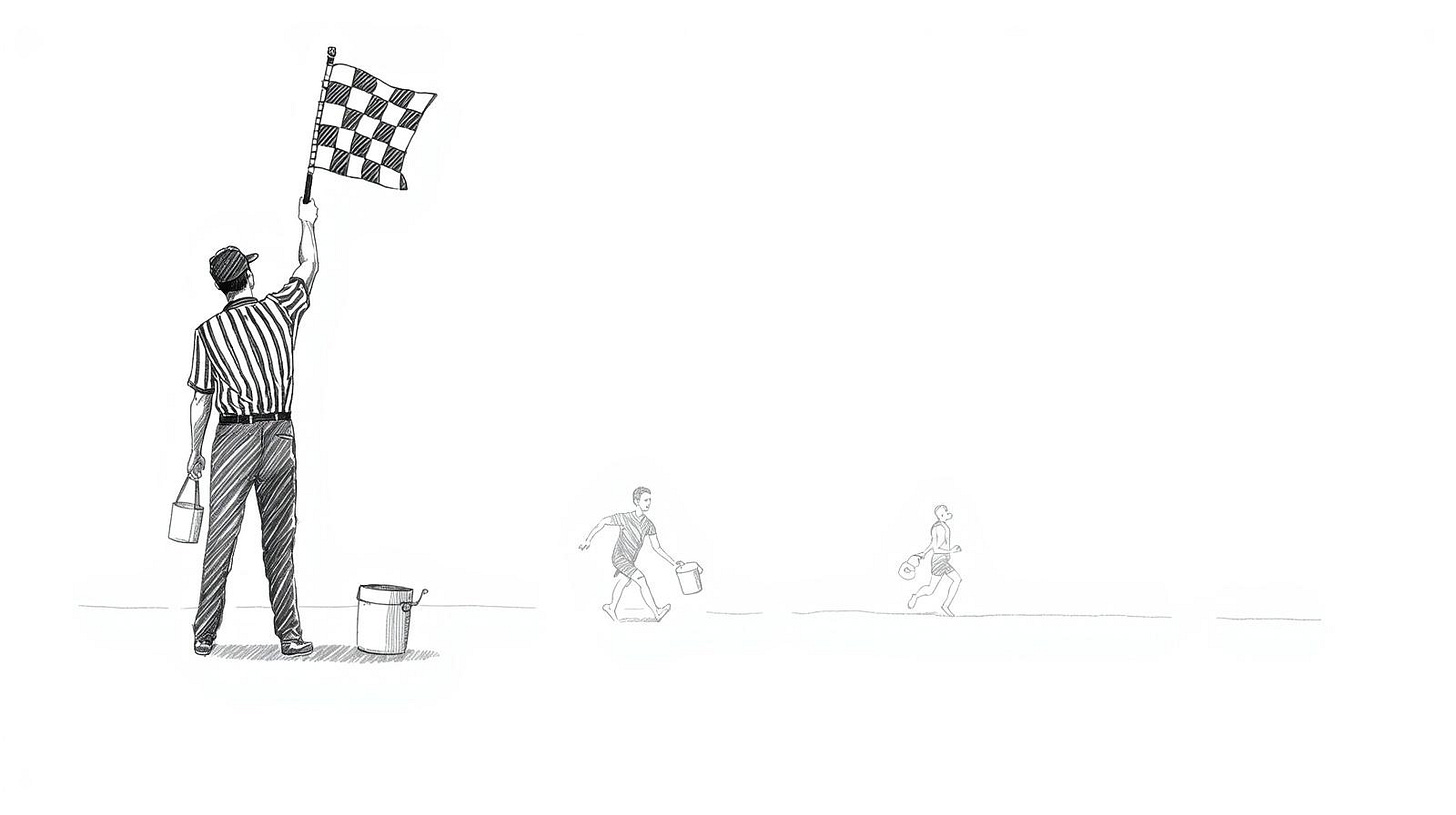 Runner at empty starting line while distant runners carry full buckets ahead