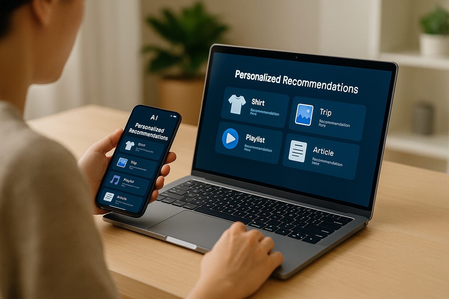 Utilizator interacționând cu AI personalizat pe laptop și smartphone