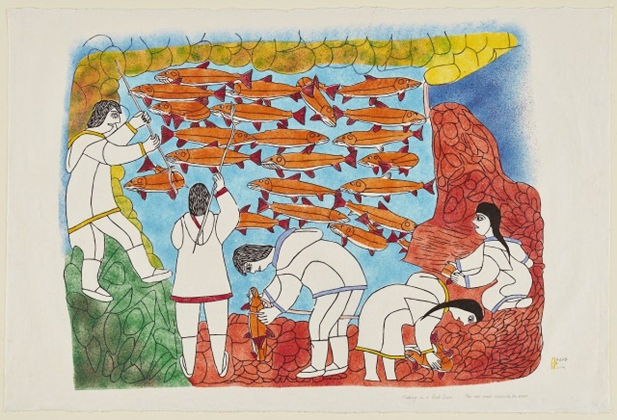 Five people fishing in a rock dam