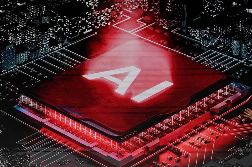 A screen displays an artificial intelligence (AI) processor during Keynote 1 at the MWC (Mobile World Congress)