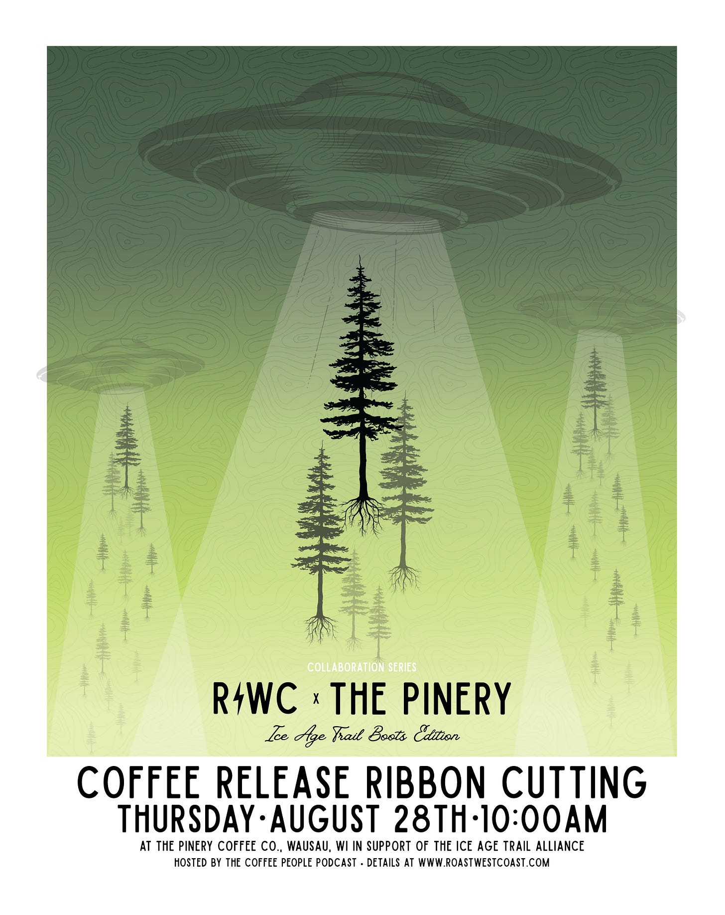 An event flyer featuring UFO illustrations with pine trees being sucked up into their beams over a green gradient textured with map terrain lines.