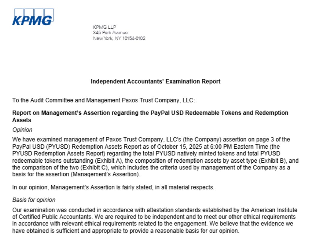 KPMG Examination Report issued on October 20, 2025, for management’s assertions as of 6.00 PM EST on October 15, 2025