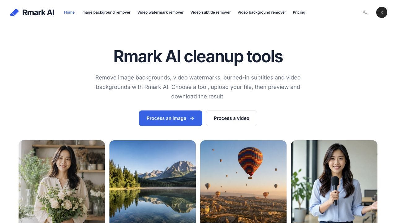 Rmark AI homepage showing four image and video cleanup tools