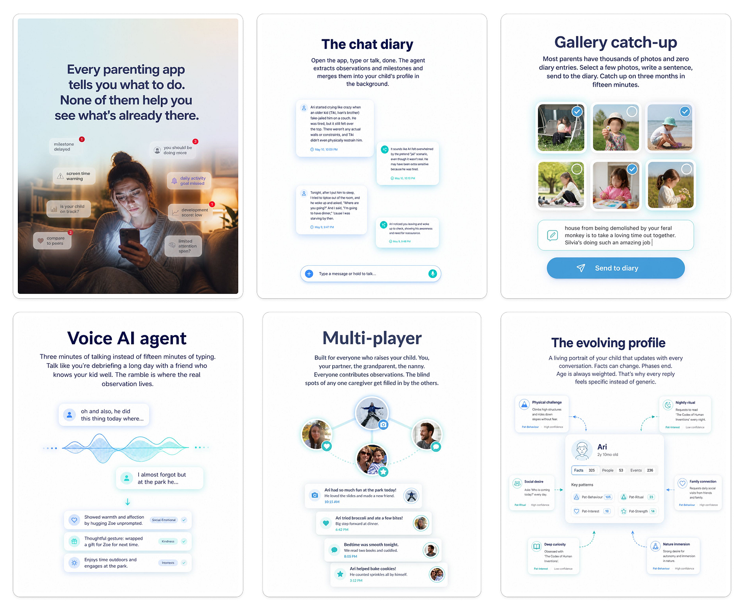 Instagram carousel for Playsense, an AI parenting app designed to help parents notice patterns, behaviors, emotions, and developmental signals in their children over time. The carousel introduces features including a shared family observation system, AI-powered chat diary, voice AI parenting agent, evolving child profile, and gallery catch-up tool that turns everyday photos and moments into structured observations. The slides focus on reflective parenting, collaborative caregiving, and attention-based AI rather than optimization-focused parenting advice. Designed in the editorial visual style of AI BLEW MY MIND with soft gradients, realistic interface mockups, and calm parenting-centered layouts.