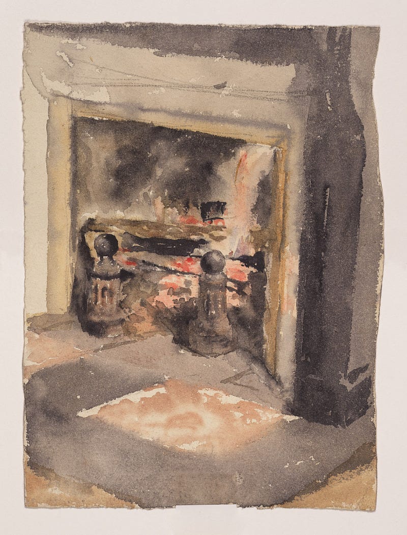 a watercolor painting of a lit fireplace