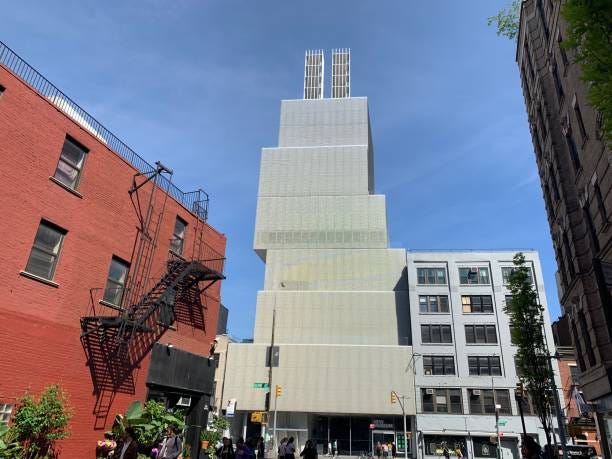 the facade of New Museum of Contemporary Art New York -11 May 2019: the facade of New Museum of Contemporary Art. The New Museum of Contemporary Art, founded in 1977 by Marcia Tucker on Manhattan's Lower East Side. New Museum New york stock pictures, royalty-free photos & images