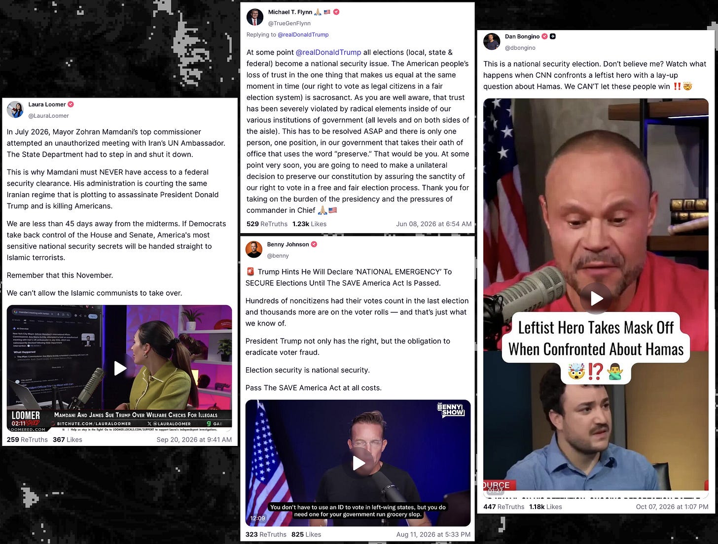 A composite image made by Open Measures researchers depicts four Truth Social posts from notable pro-Trump commentators Laura Loomer, Michael Flynn, Benny Johnson, and Dan Bongino that discuss the 2026 US midterms as an impending national security concern.