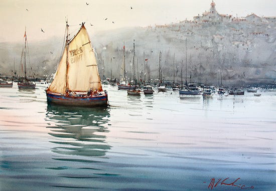 Watercolor of Sailboat on the Water by Joseph Zbukvic