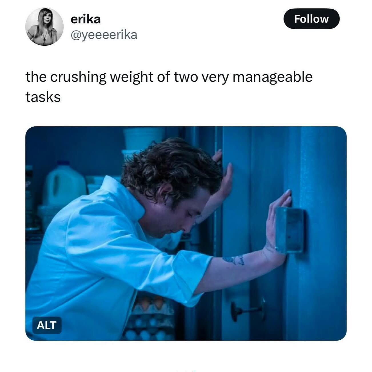 May be an image of text that says 'erika @yeeeerika Follow the crushing weight of two very manageable tasks ALT'