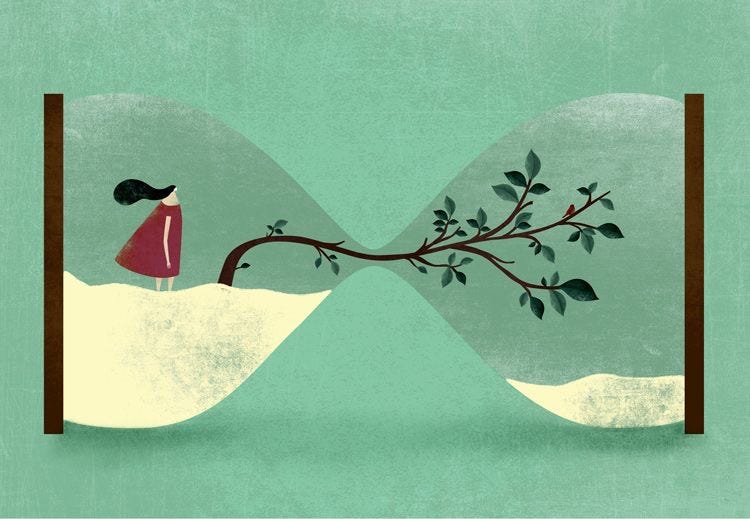 art of a horizontal hourglass with a winding tree and a person in a red dress standing behind the tree