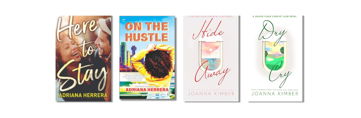 Contemporary Caribbean romance novels: Here to Stay and On the Hustle by Dominican author Adriana Herrera, and Hide Away and Dry Cry from the Golden Peaks Country Club series by Jamaican author Joanna Kimber. Contemporary Caribbean romance novels: Here to Stay and On the Hustle by Dominican author Adriana Herrera, and Hide Away and Dry Cry from the Golden Peaks Country Club series by Jamaican author Joanna Kimber.