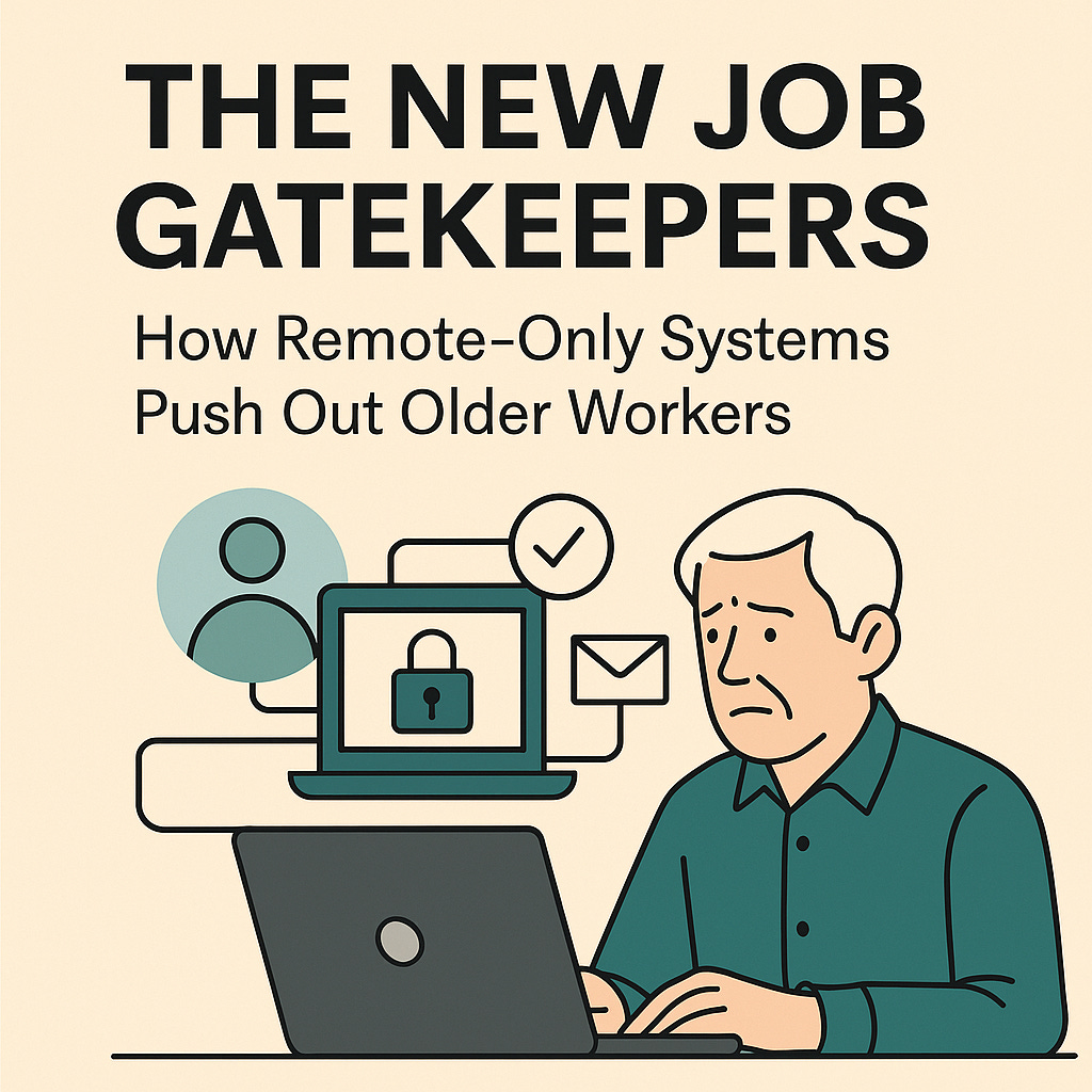 Header image representing older workers struggling with remote-only HR systems, digital hiring portals, and algorithmic barriers. Jay Werther article.