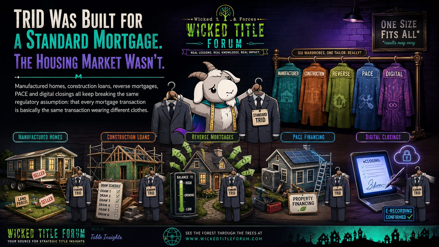 CFPB’s TRID comments expose a structural problem: manufactured housing, construction-to-permanent loans, reverse mortgages, PACE and digital closings do not fit one standard mortgage disclosure system. How much specialization can TRID absorb before “integrated” stops meaning integrated?