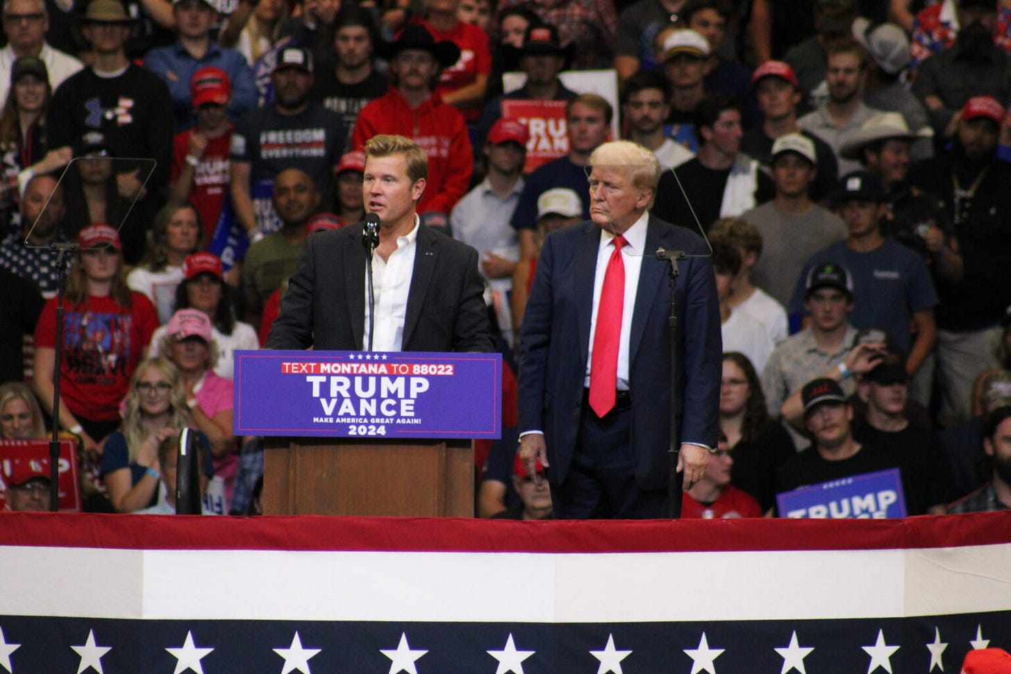 Montana Republican U.S. Senate candidate Tim Sheehy speaks alongside Donald Trump at a rally in Bozeman, Montana, on Aug. 9, 2024. (Photo by Blair Miller, Daily Montanan) Montana Republican U.S. Senate candidate Tim Sheehy speaks alongside Donald Trump at a rally in Bozeman, Montana, on Aug. 9, 2024. (Photo by Blair Miller, Daily Montanan)