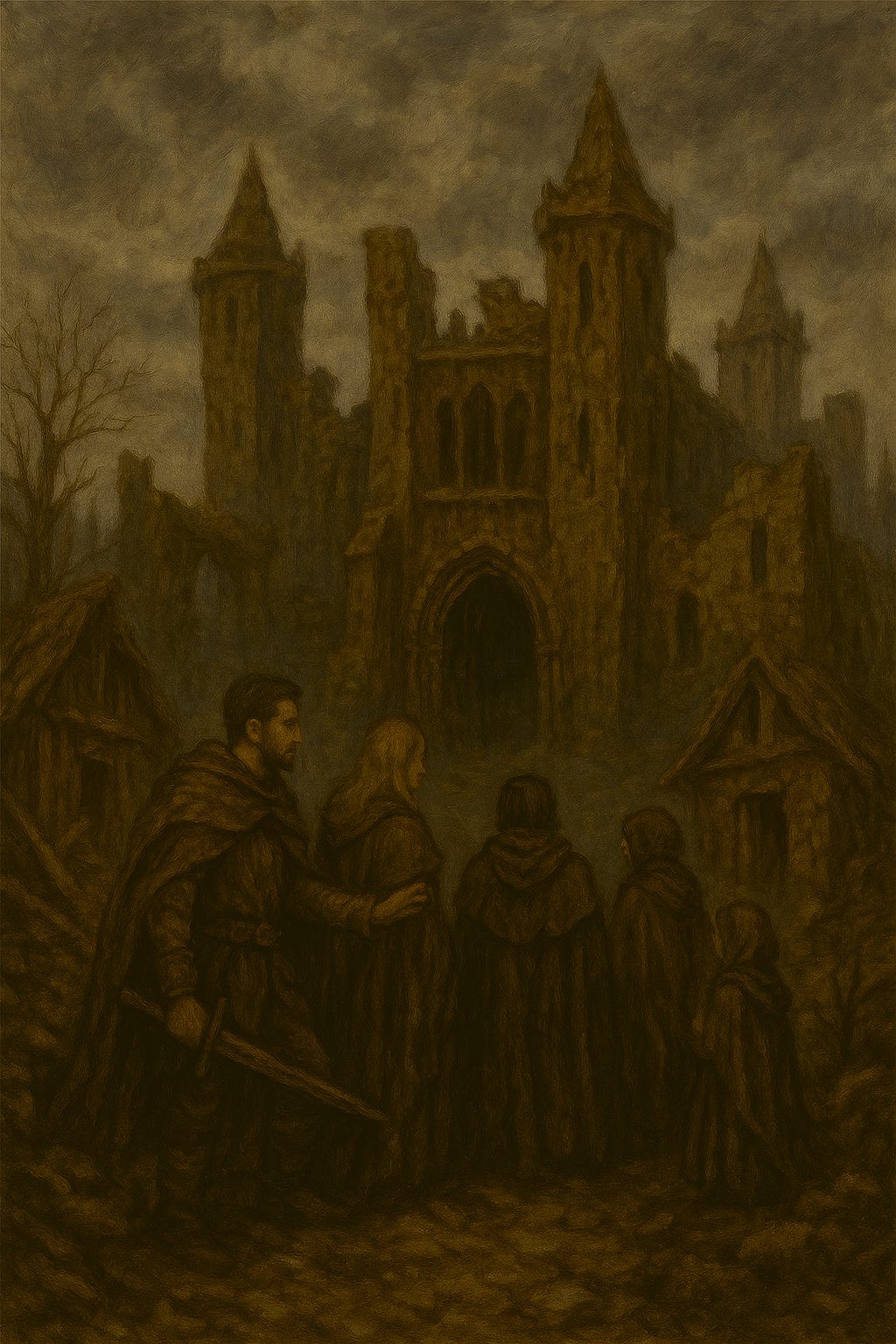 A dark fantasy image of the entrance to the ruined fortress of Argynvostholt yawning open under a cloudy sky. The fortress is built of weathered gray stone, its arched gateway cracked and partially collapsed, with one door missing and the other hanging askew. Moss creeps over the stone, and shattered stained glass lies scattered near the threshold. Above the entrance, the remnants of a silver dragon sigil are barely visible beneath grime and erosion. The sky overhead is heavy with swirling gray clouds, casting diffuse, moody light across the scene. The atmosphere is ominous, ancient, and steeped in sorrow.