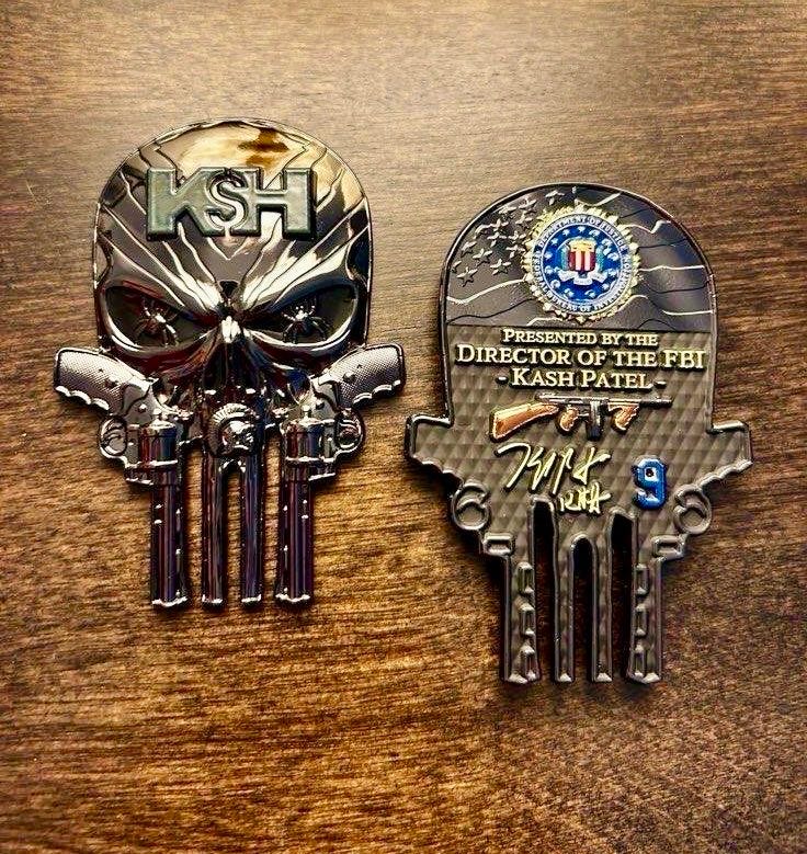The creator of the Punisher, whose logo Kash Patel is mimicking below, on  how he feels about police wearing the icon: "If an officer of the law ...  shares challenge coins honoring