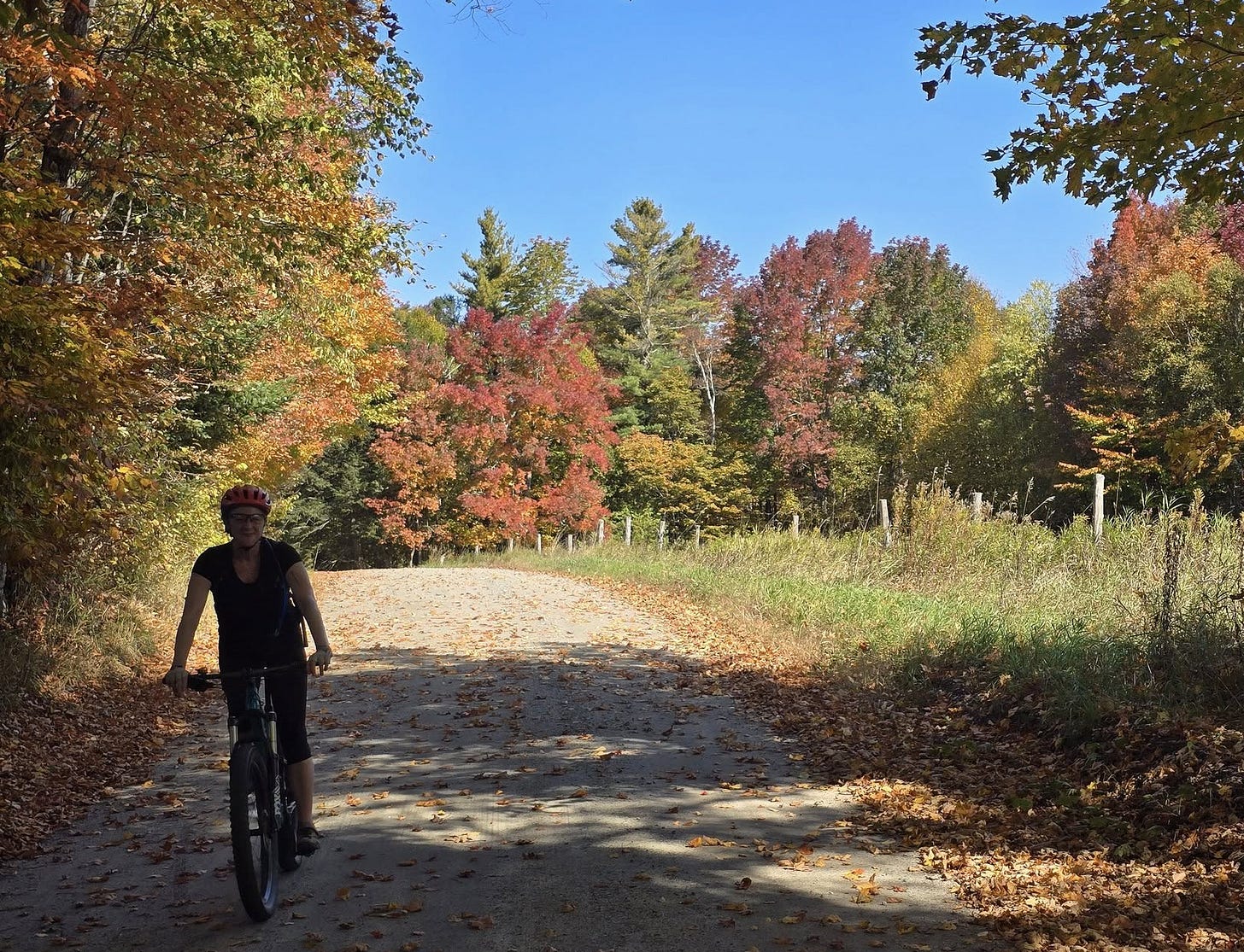 Woman riding bicycle on a country road with blue sky and bright fall foliage