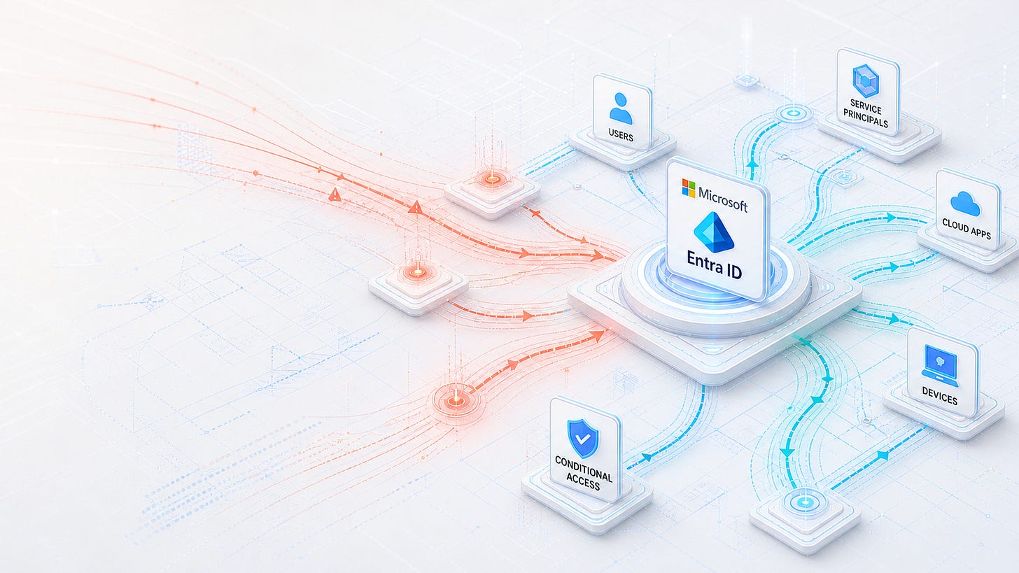 Editorial illustration of Microsoft Entra ID connecting users, service principals, cloud apps, devices, and Conditional Access while red warning paths enter the identity control plane. Editorial illustration of Microsoft Entra ID connecting users, service principals, cloud apps, devices, and Conditional Access while red warning paths enter the identity control plane.