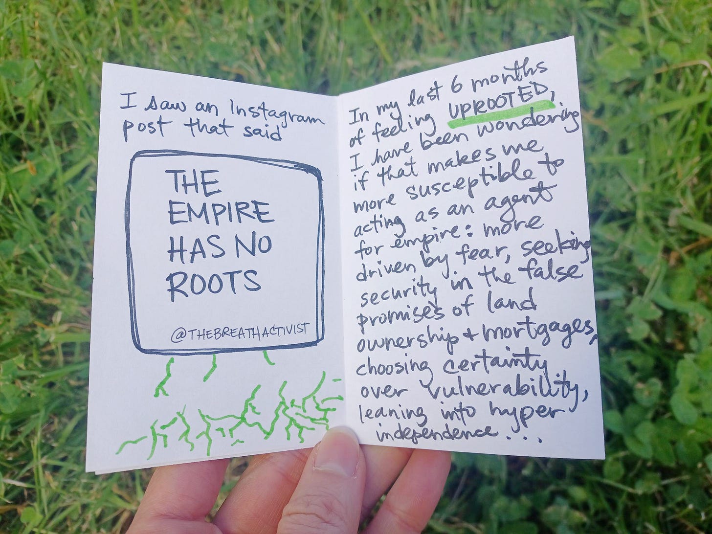 I saw an Instagram post that said "The Empire Has No root" from @thebreathactivist. In my last 6 months of feeling uprooted, I have been wondering if that makes me more susceptible to acting as an agent for empire: more driven by fear, seeking security in the false promises of land ownership + mortgages, choosing certainty over vulnerability, leaning into hyper vigilance...