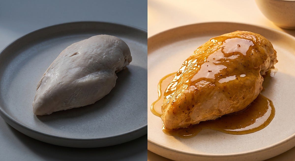 Side-by-side comparison of plain dry chicken breast on a grey plate versus juicy glazed chicken breast with rich sauce on a warm plate.