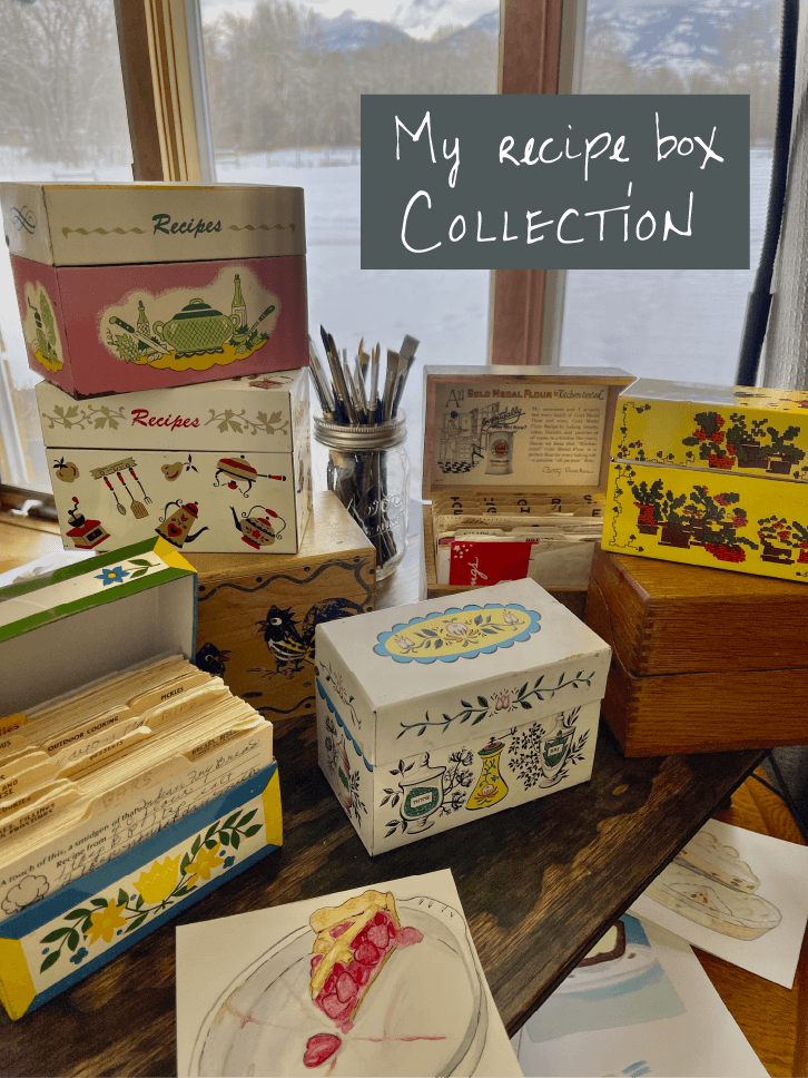 An image of the eight recipe boxes in my recipe box collection. There are 3 wooden recipe boxes and 4 metal recipes boxes. Each of the recipe boxes is beautifully deocorated.