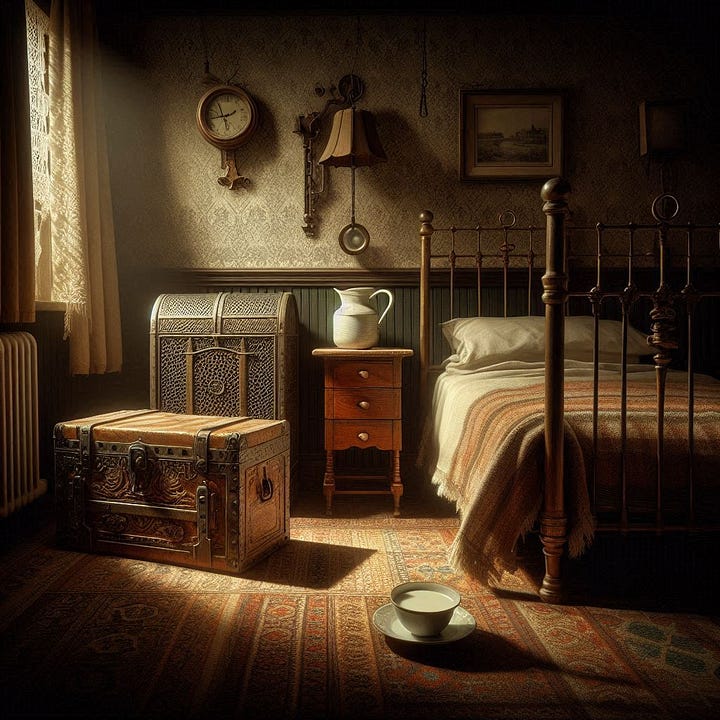 Vintage-style bedrooms featuring elements such as iron beds, wooden furniture including chairs, tables, and ornate chests with intricate detailing. The rooms are decorated with various items like clocks, framed art, and classic radiator heaters. The rooms have patterned wallpaper and are lit by natural light from windows with lace curtains or lamps casting a warm glow, creating a cozy and atmospheric ambiance.