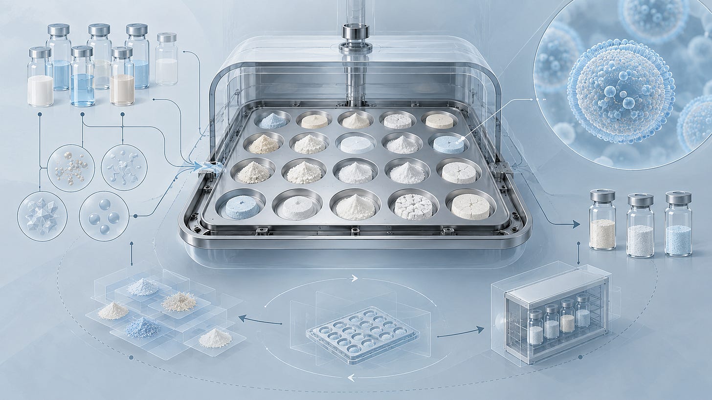 Muted blue illustration of multiple formulation samples in a vacuum-drying tray, connected by fine lines to conceptual LNP and storage-testing elements.