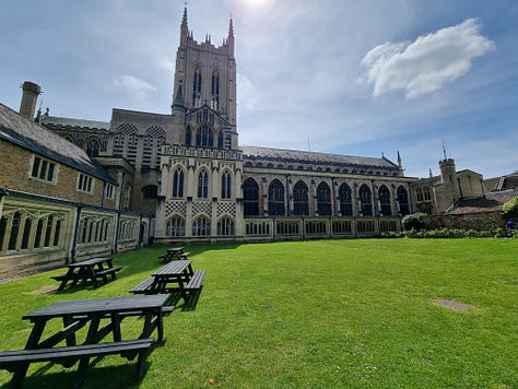 Pictures of Bury St Edmunds including the cathedral, abbey ruins and Angel Hotel