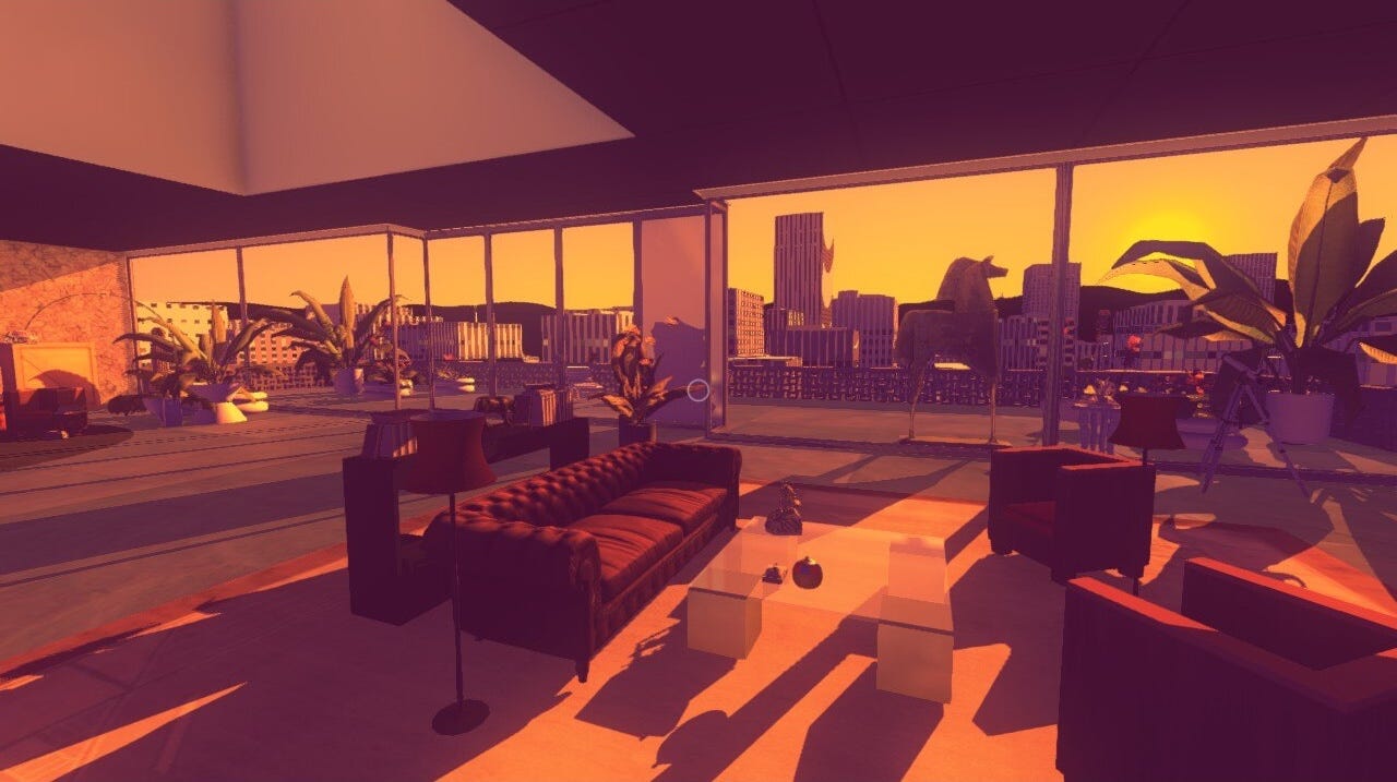 An expensive apartment with huge windows, at sunset