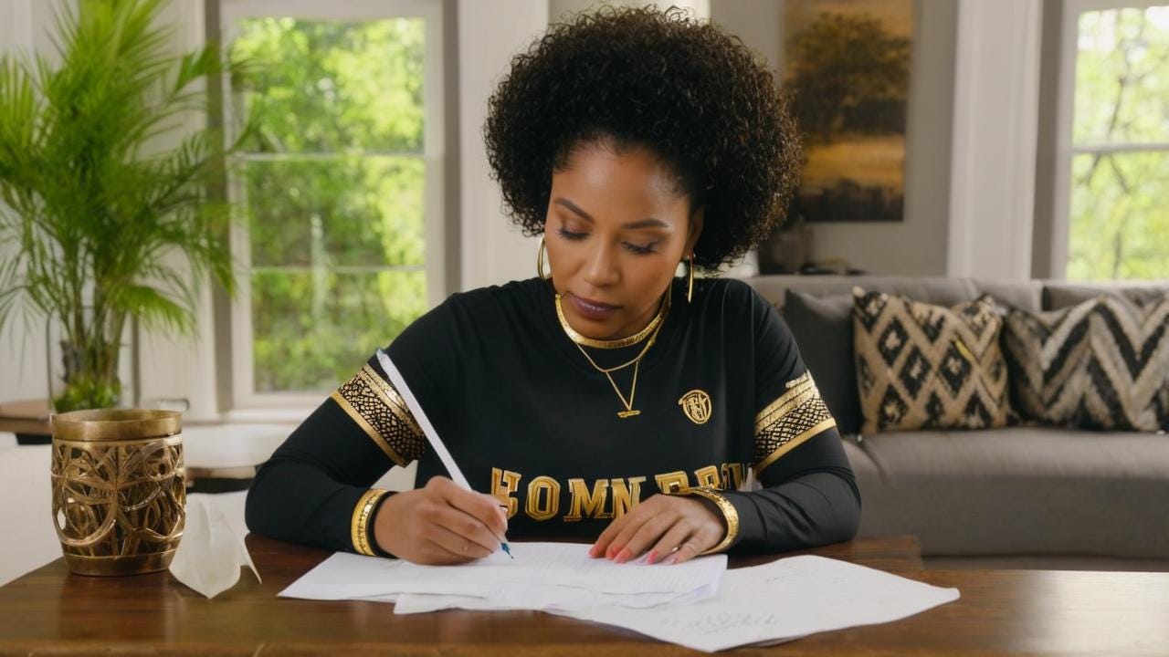 African American woman sitting in an urban family room sitting at the table writing a letter with pretty black and gold shirt on. with a view of nature