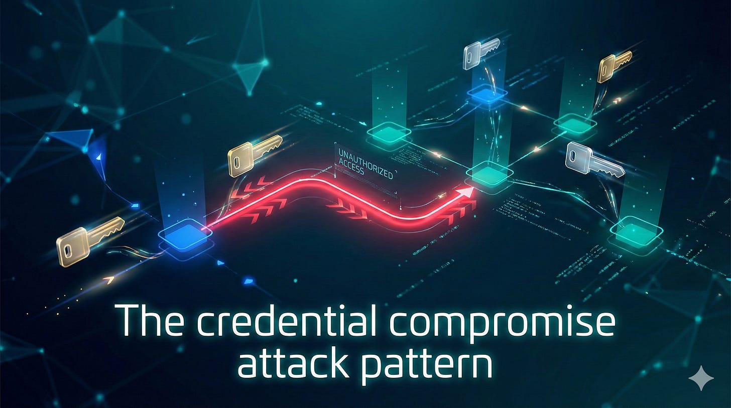 Abstract network diagram showing interconnected development tools with a highlighted pathway indicating credential-based unauthorised access Abstract network diagram showing interconnected development tools with a highlighted pathway indicating credential-based unauthorised access