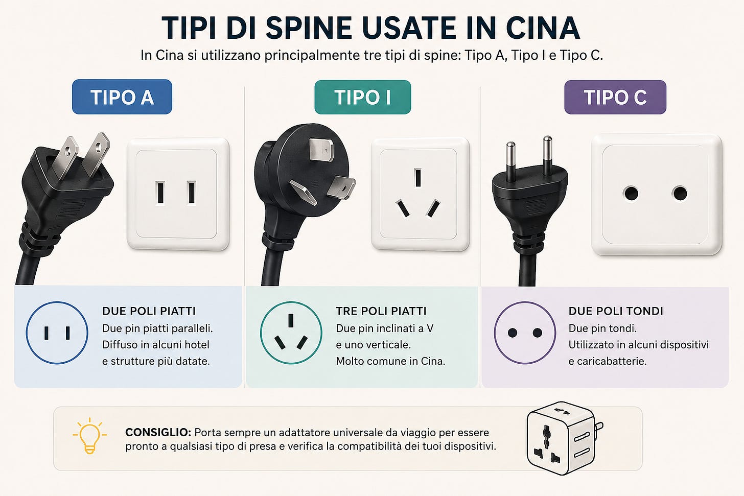 Illustrazione delle tre tipologie di spine usate in Cina: tipo A, I e C. Illustrazione delle tre tipologie di spine usate in Cina: tipo A, I e C.