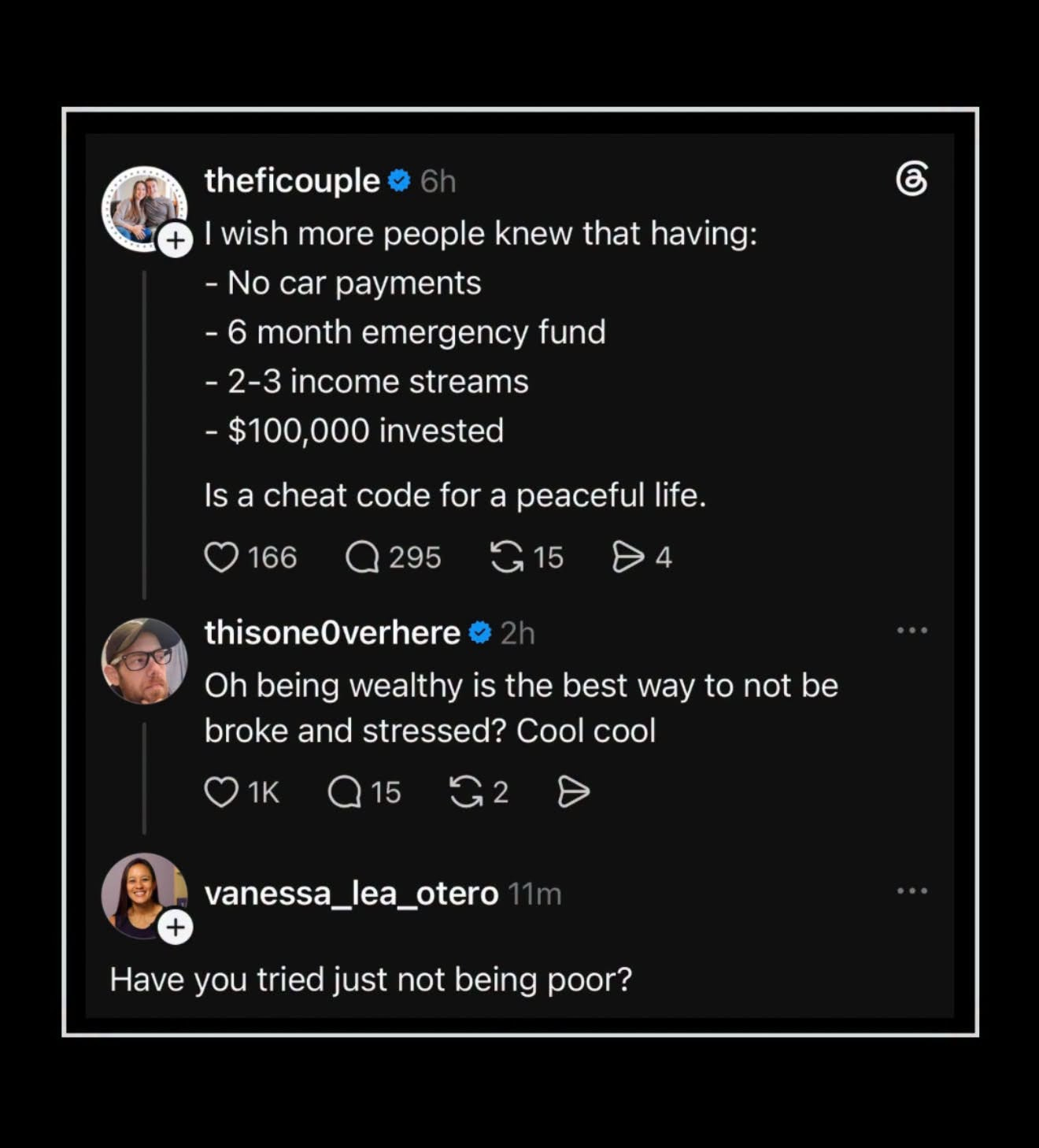 Social media post screenshot: tone deaf financial advice of a rich person suggesting that having money is a "cheat code for a peaceful life" and other people mocking them.