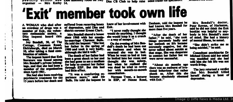 A series of 1980s local press headlines like "Coroner Slams 'Suicide' Society responding to deaths of people who'd used EXIT's book to die