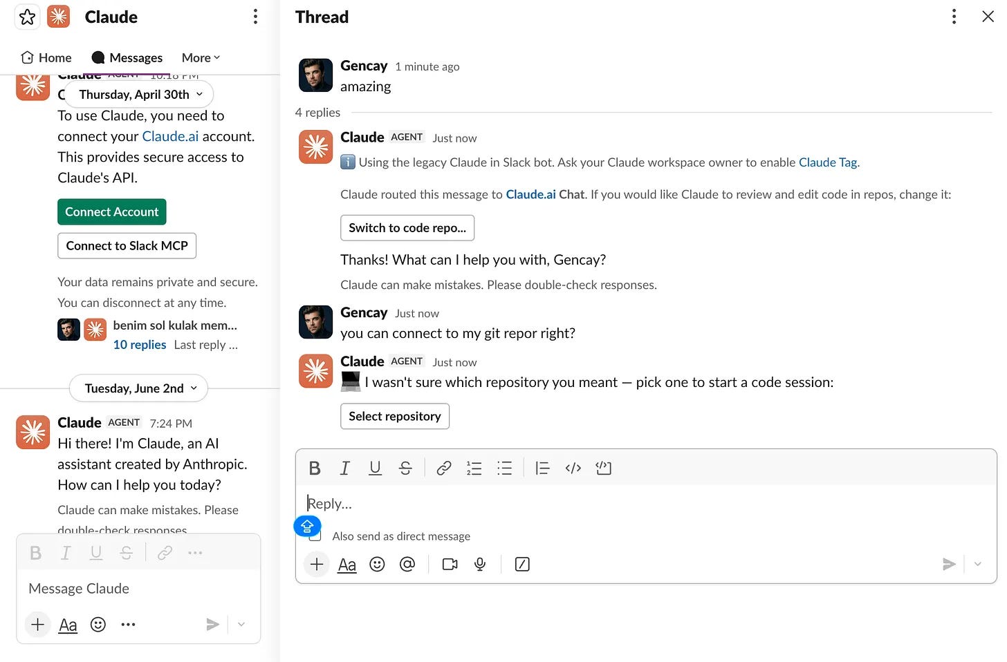 Claude bot inside Slack asking to connect a Claude.ai account and pick a repository for a code session Claude bot inside Slack asking to connect a Claude.ai account and pick a repository for a code session