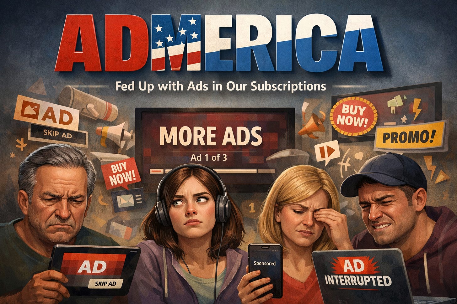 Prompt: 'Create an social media / title image for my next newsletter. The title is "Admerica". It's about the general public sentiment against advertising embedded in services for which we subscribe. Please avoid a revolutionary vibe. I want to instead convey annoyance and an undertone of loathing.'