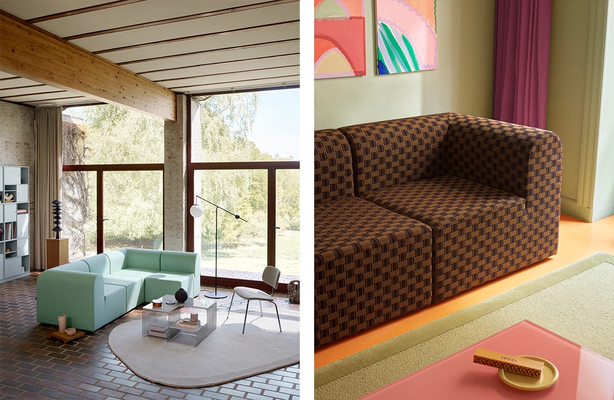Modular chunky sofa in bright sea blue and in brown checkers