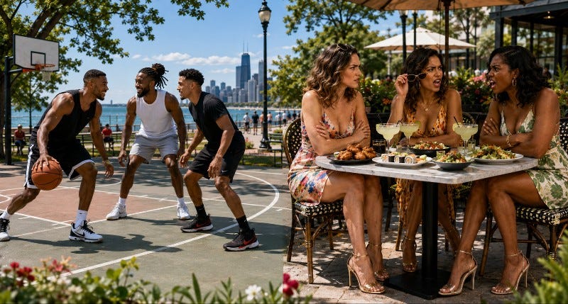 Men smiling and playing basketball at a public park versus well-dressed women scowling and arguing during brunch Men smiling and playing basketball at a public park versus well-dressed women scowling and arguing during brunch