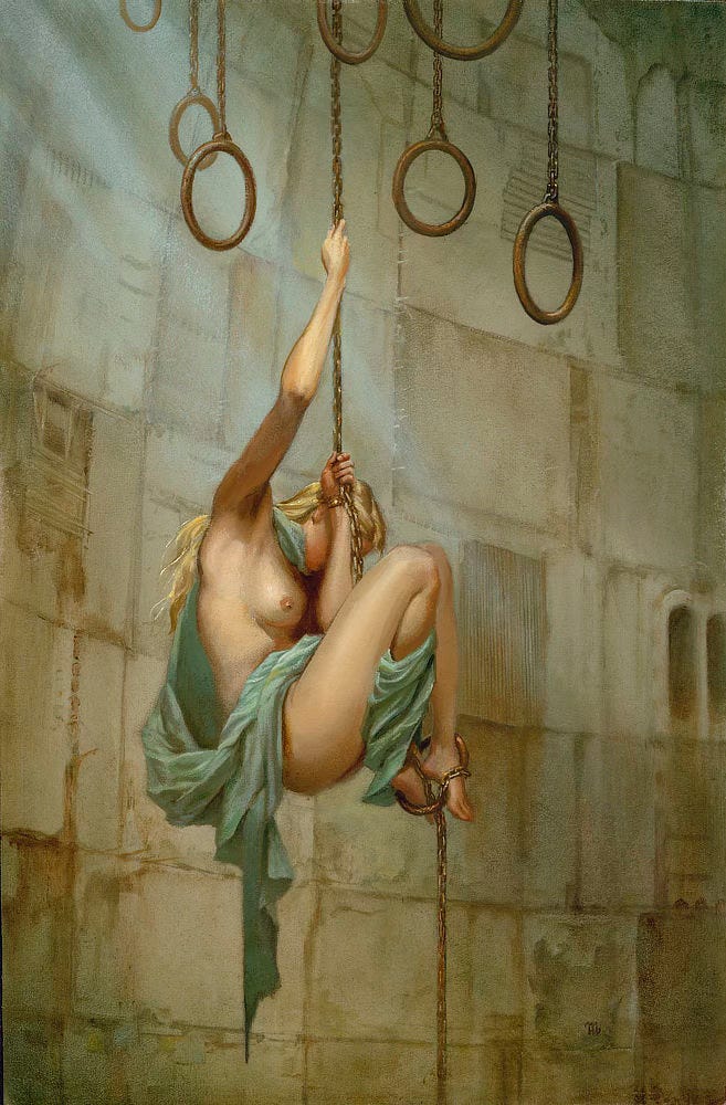 In a vast chamber with rough stone walls, a woman holds herself up on a chain that hangs among a series of suspended rings. With one arm she extends upward. Anguished, her head dips, her face covered by her other hand as she grips the chain. Sea green fabric twists around her, partially covering her but leaving one breast exposed. Her legs are raised in a tuck with her feet tangled in the metal rings with a chain threading through. In a vast chamber with rough stone walls, a woman holds herself up on a chain that hangs among a series of suspended rings. With one arm she extends upward. Anguished, her head dips, her face covered by her other hand as she grips the chain. Sea green fabric twists around her, partially covering her but leaving one breast exposed. Her legs are raised in a tuck with her feet tangled in the metal rings with a chain threading through.